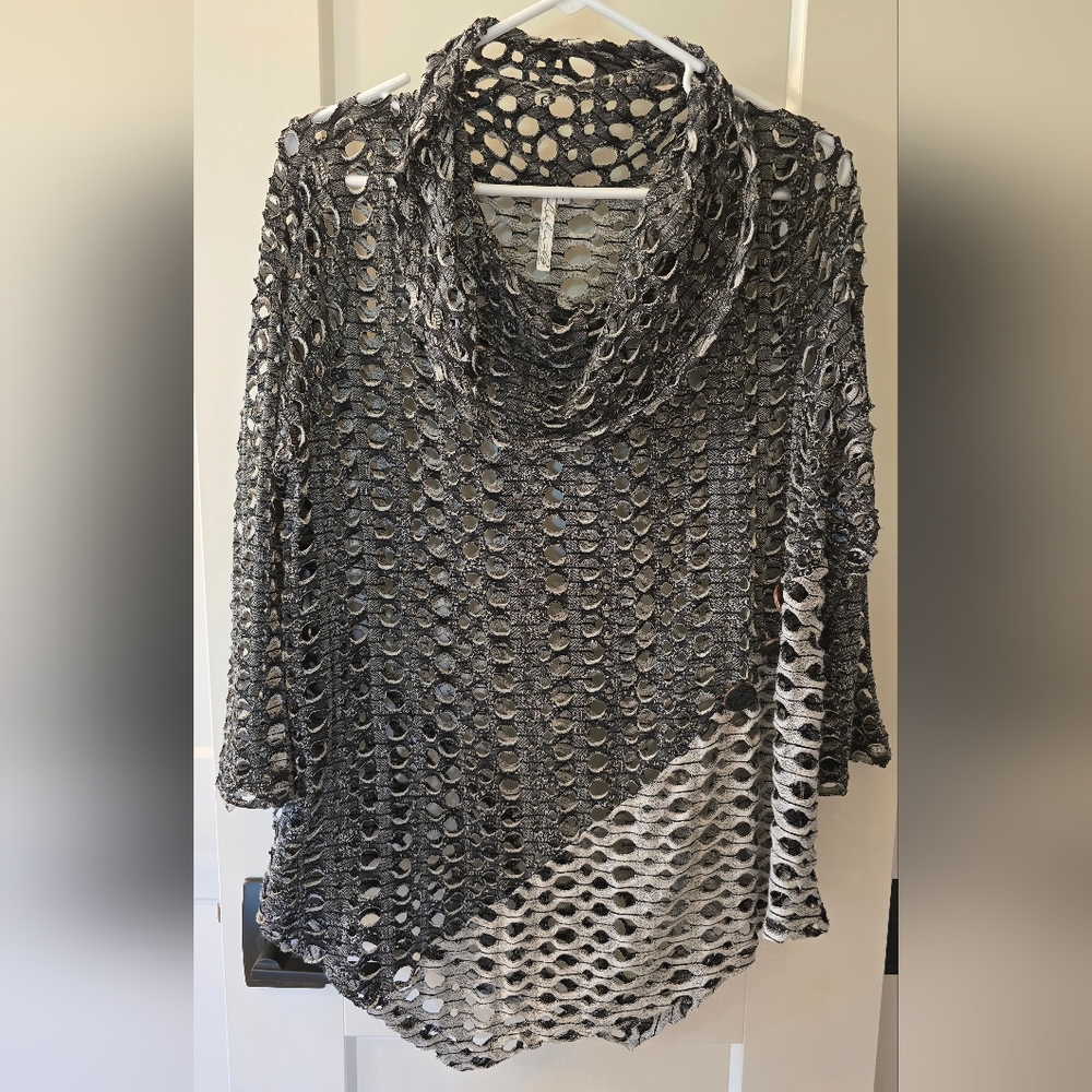 Lulu-B Charcoal Open-Knit Hollow Out Cowl Neck Sweater Size L